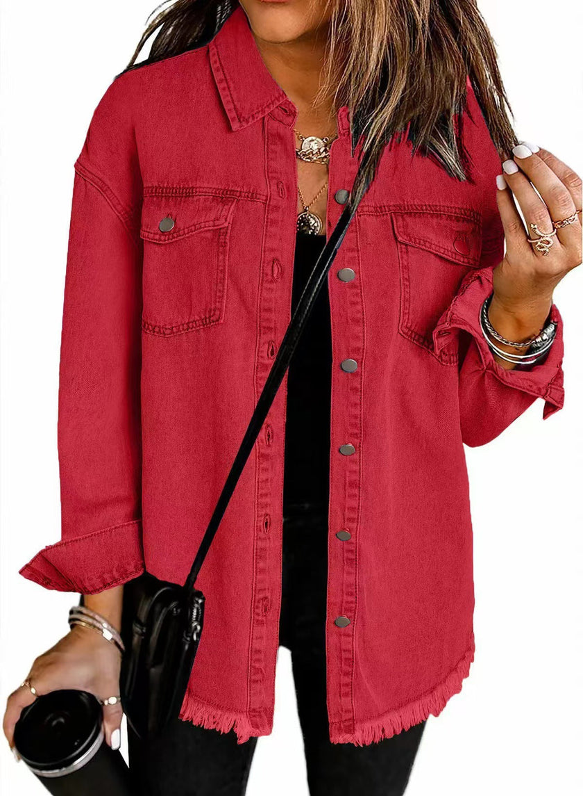 Denim Jacket Women Longline Oversized Frayed Hem Snap Front