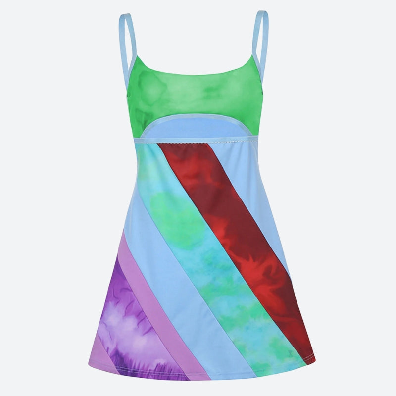 Colorful Y2K mini dress for women by FJØRNA, featuring vibrant patterns and a stylish party and daywear design.