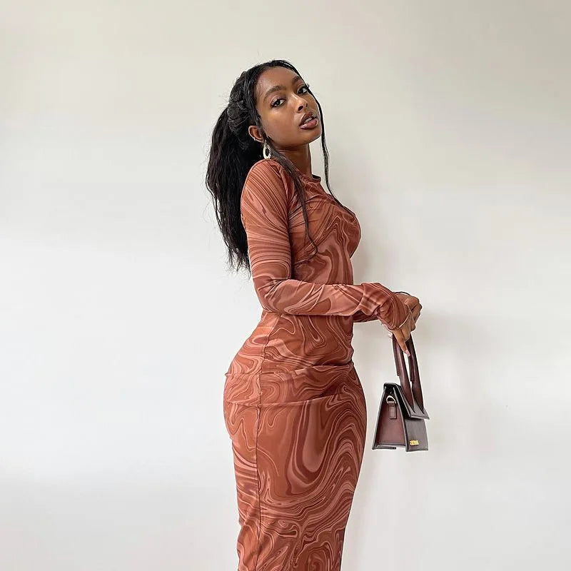 Y2K Marble Swirl FJØRNA women's maxi dress with vibrant swirl pattern, perfect for summer and special occasions.