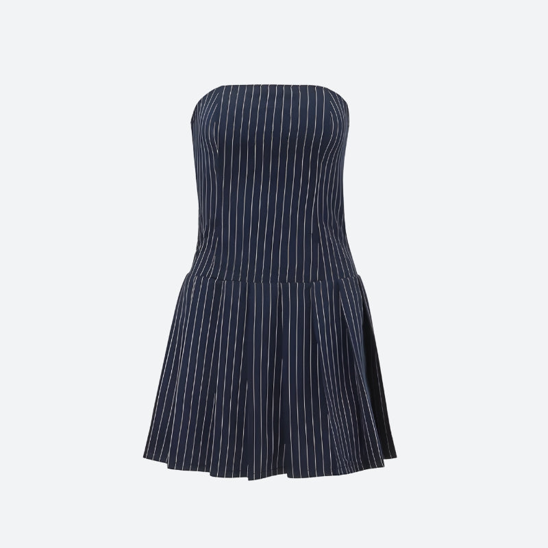 FJØRNA Y2K striped strapless mini dress with bold pattern, perfect for party or daytime wear.