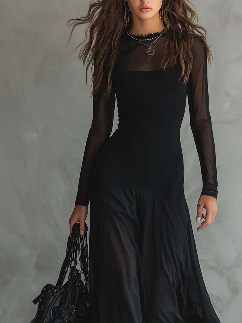 FJØRNA elegant flowing maxi tulle dress for women, casual and stylish, shown on a model with a soft, airy fabric design.