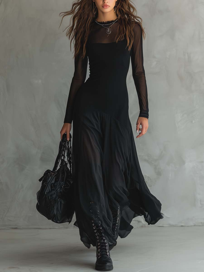 FJØRNA elegant maxi dress for women, flowy tulle casual dress in soft colors, displayed on a hanger.