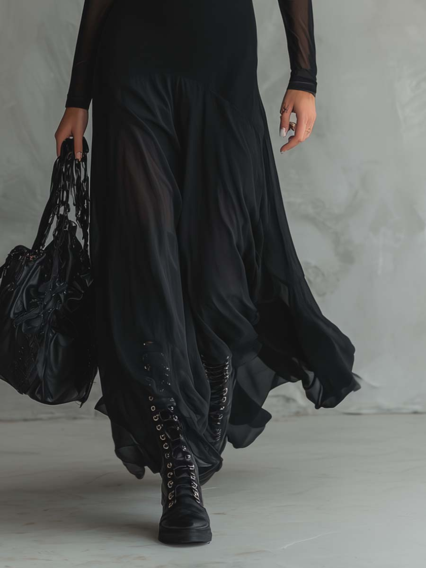 FJØRNA elegant maxi dress for women with flowy tulle fabric, casual style, shown on a model in a neutral setting.