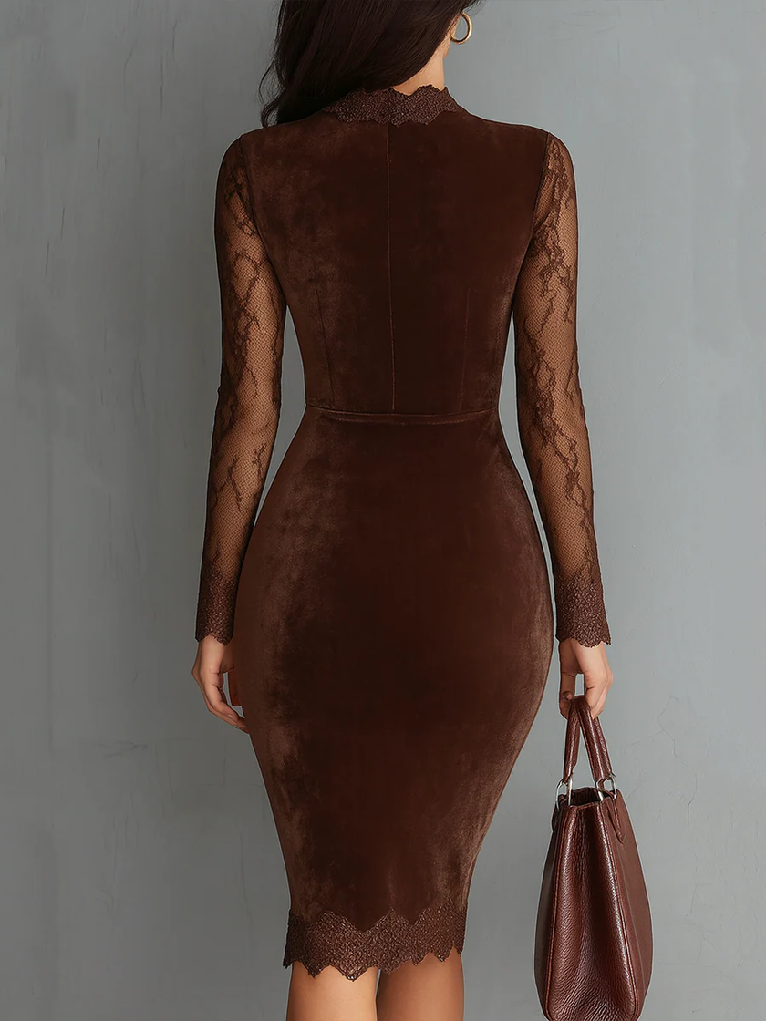 FJØRNA brown velvet mini dress with lace sleeve details, stylish and elegant for casual or special occasions.