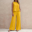 Yellow women's summer two-piece co-ord set with pockets by FJØRNA, featuring a matching stylish and comfortable design.