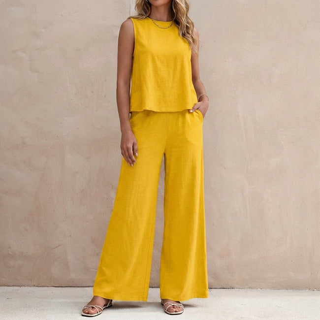Yellow women's summer two-piece co-ord set with pockets by FJØRNA, featuring a matching stylish and comfortable design.