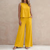 Yellow women's summer two-piece co-ord set with pockets by FJØRNA, featuring a matching stylish and comfortable design.
