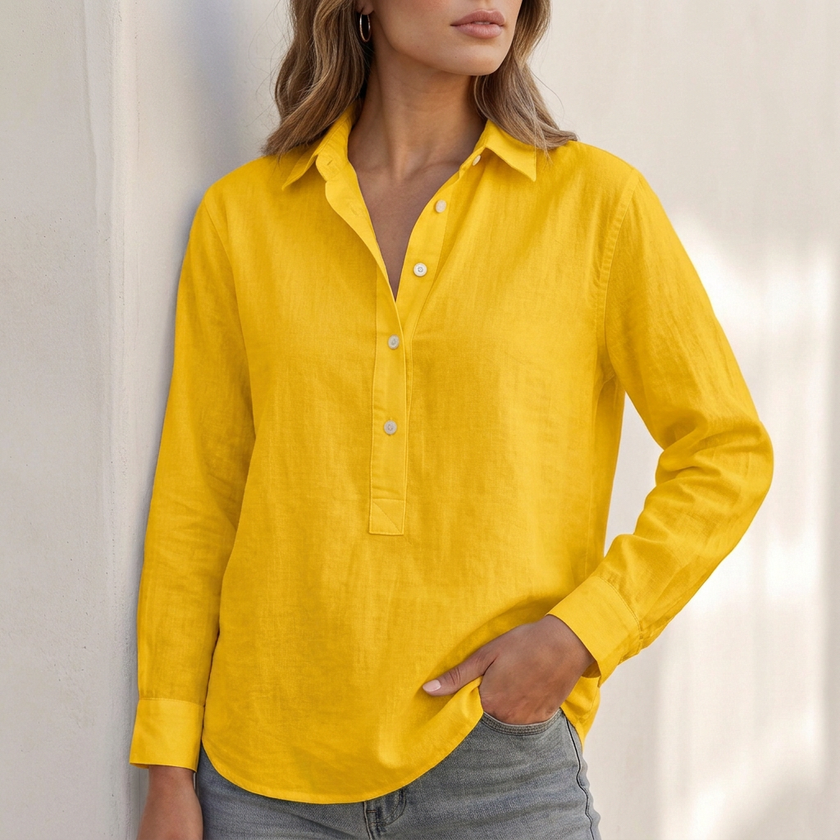 Yellow linen V-neck popover shirt for women, relaxed fit FJØRNA blouse, casual women's linen top with short sleeves.