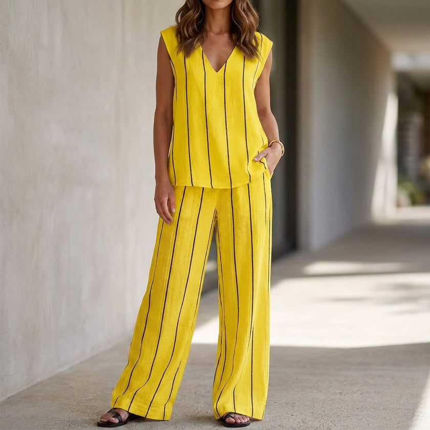 Yellow FJØRNA women's two-piece co-ord set with striped wide-leg pants and matching top, casual and stylish for everyday wear.