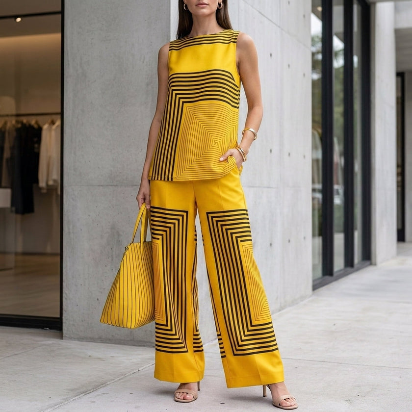 Yellow striped women's two-piece co-ord set with pockets from FJØRNA, perfect for summer casual wear.