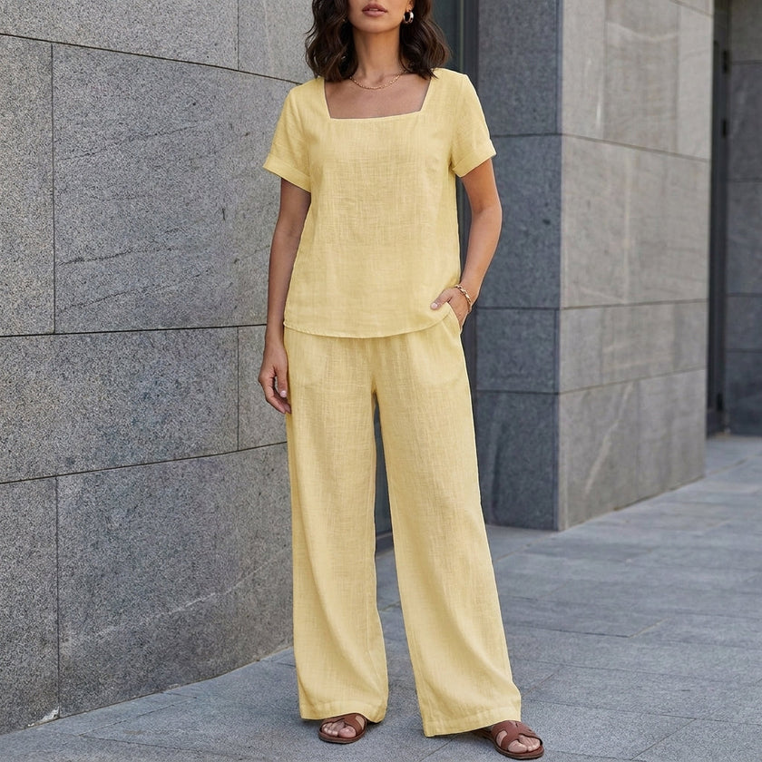 Yellow FJØRNA women's summer two-piece co-ord set with relaxed fit and wide-leg pants, perfect for casual warm-weather wear.