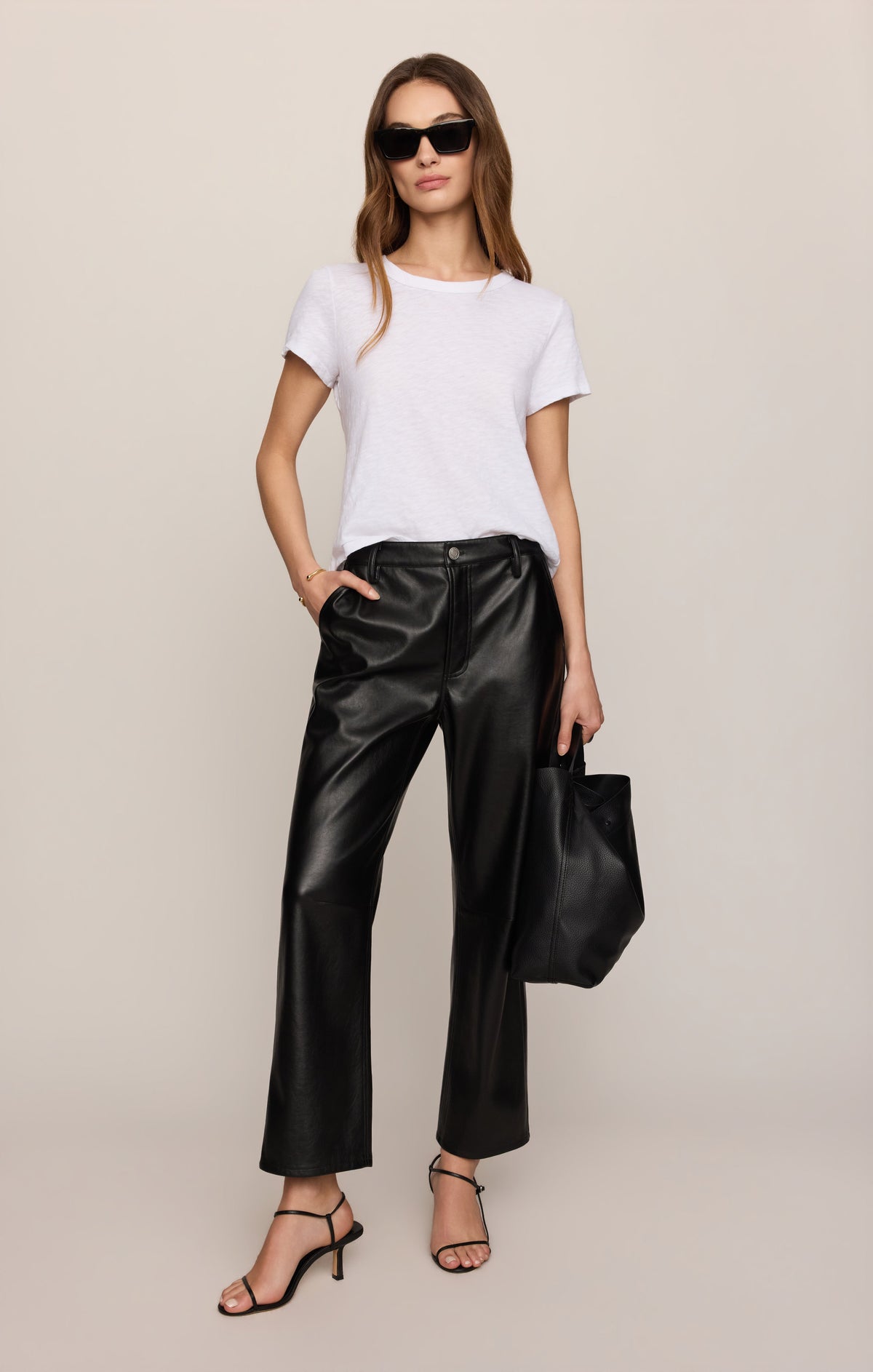 Faux Leather Bowed-Leg Trousers High-Rise Stretch for Women | Vesper