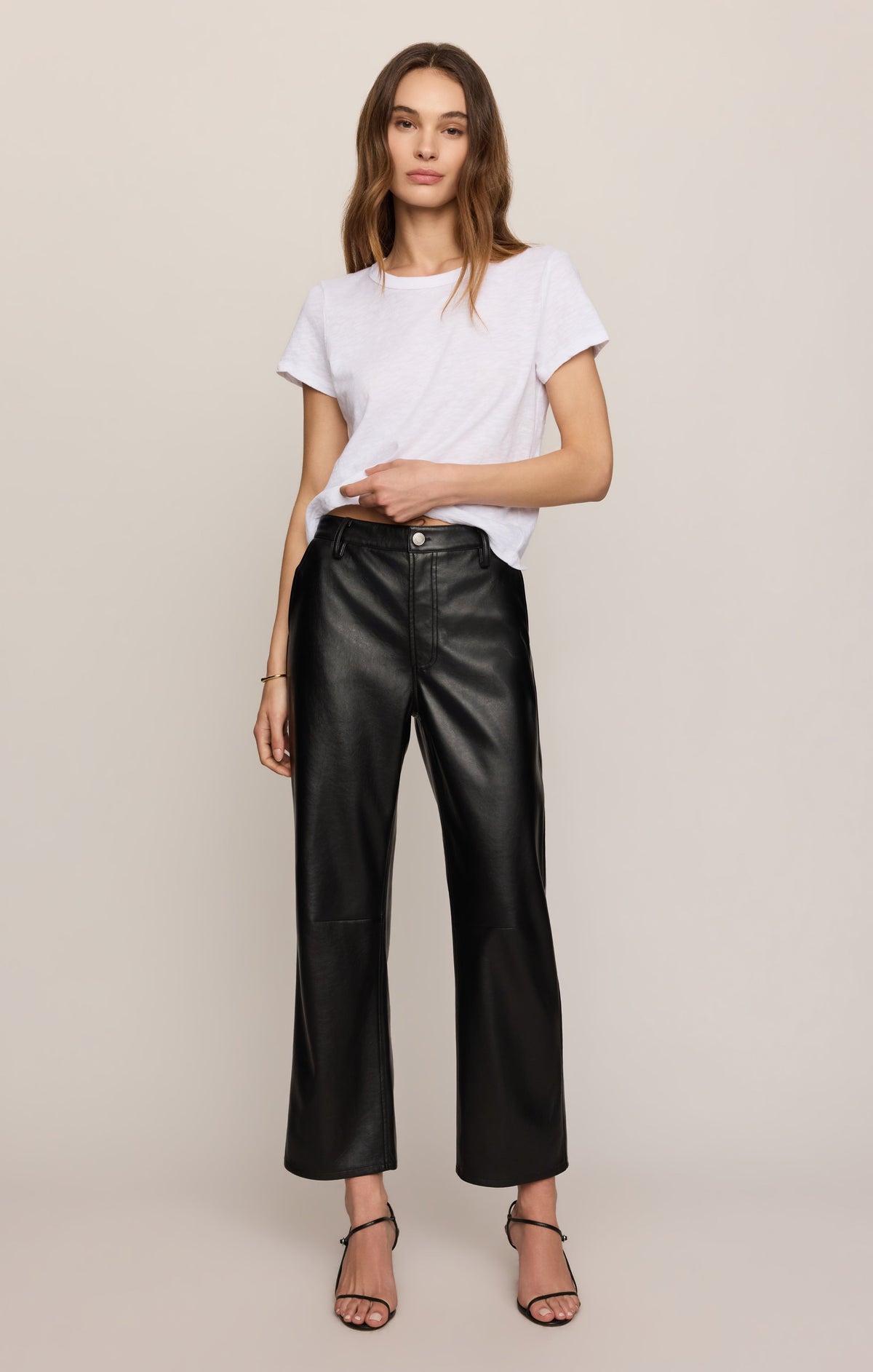 Faux Leather Bowed-Leg Trousers High-Rise Stretch for Women | Vesper
