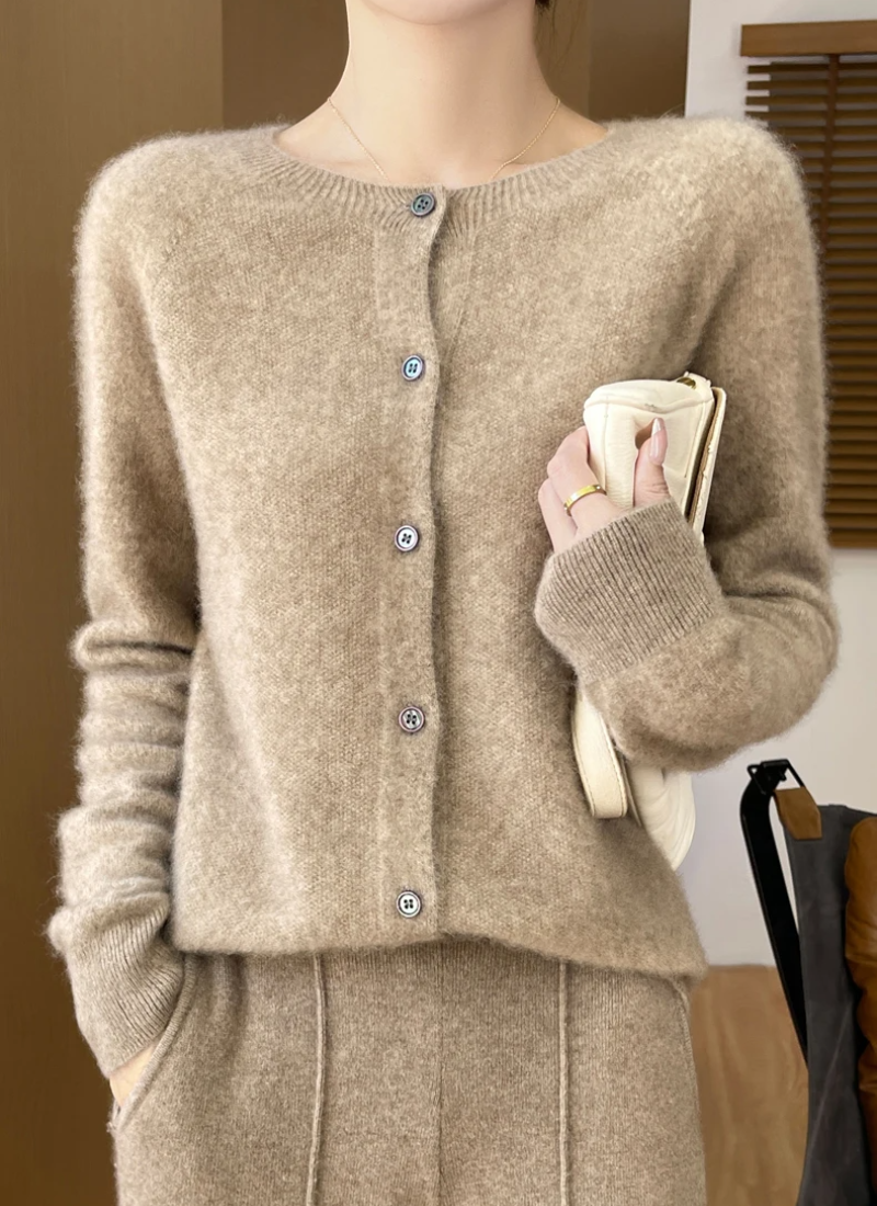 Fine Knit Cardigan Women Merino Wool Crew Neck Button Front