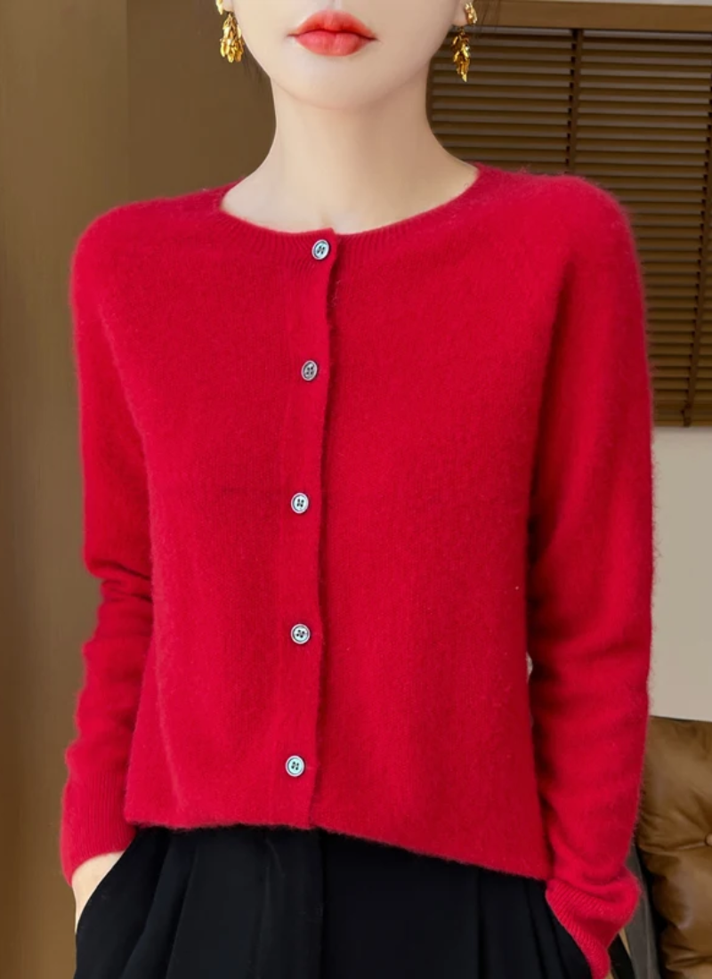 Fine Knit Cardigan Women Merino Wool Crew Neck Button Front