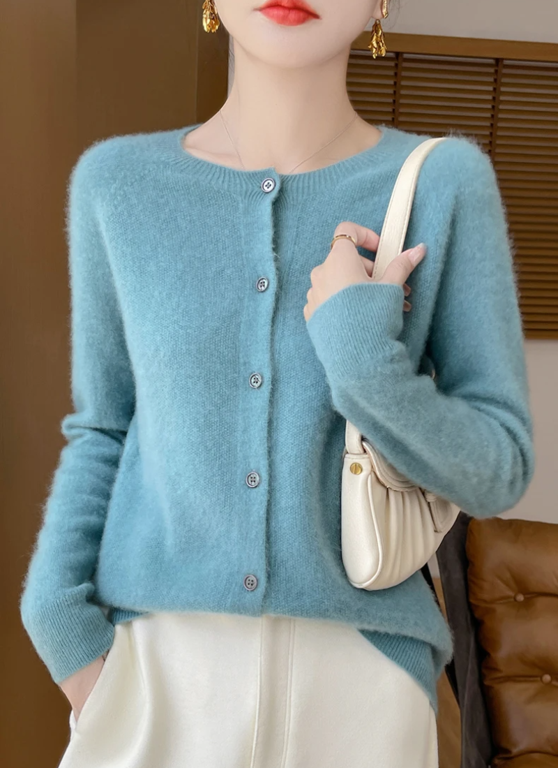 Fine Knit Cardigan Women Merino Wool Crew Neck Button Front