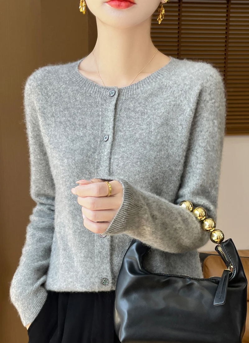 Fine Knit Cardigan Women Merino Wool Crew Neck Button Front