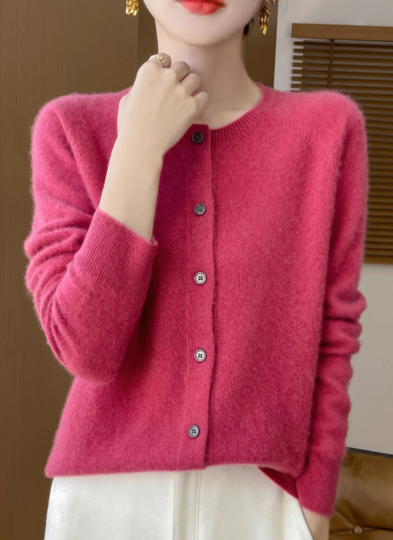 Fine Knit Cardigan Women Merino Wool Crew Neck Button Front