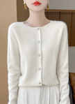 Fine Knit Cardigan Women Merino Wool Crew Neck Button Front