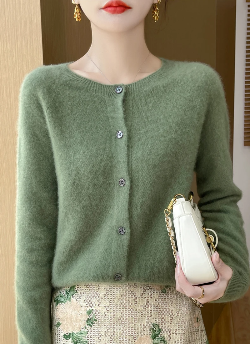 Fine Knit Cardigan Women Merino Wool Crew Neck Button Front