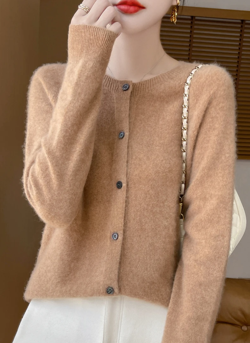 Fine Knit Cardigan Women Merino Wool Crew Neck Button Front
