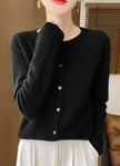 Fine Knit Cardigan Women Merino Wool Crew Neck Button Front