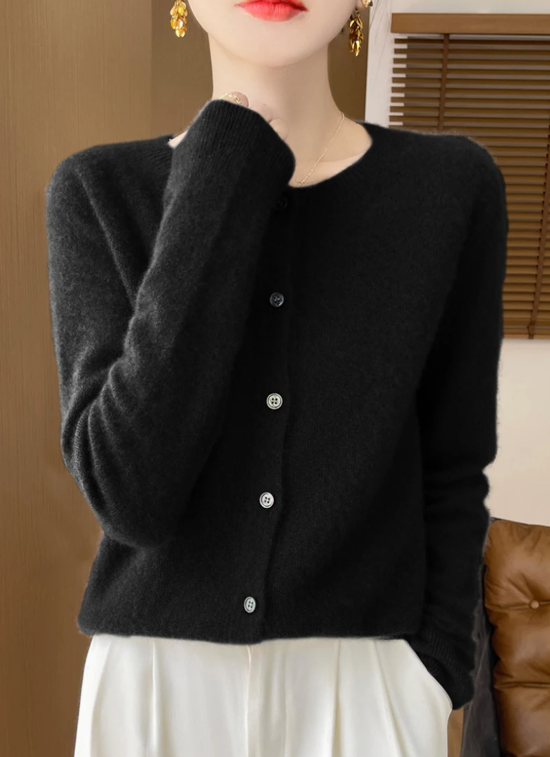 Fine Knit Cardigan Women Merino Wool Crew Neck Button Front