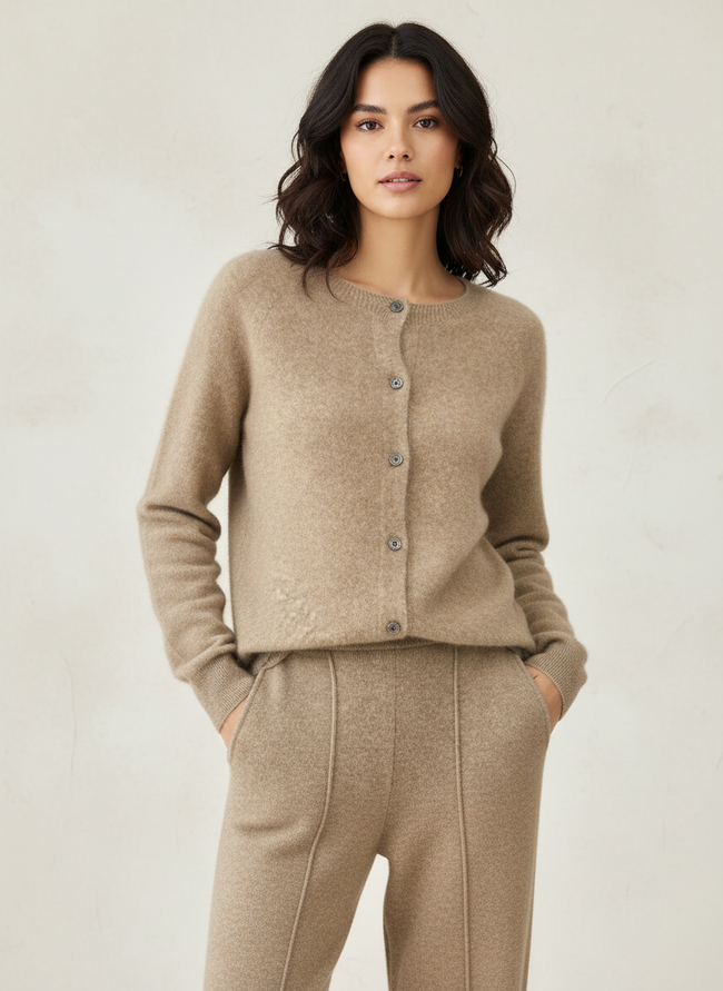 Emmeline | Women's Merino Wool Crew Neck Cardigan Knit Sweater with Button-Front Ribbed Elegant for Casual