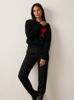 Knit Sweater Women Soft Heart Detail Round Neck Relaxed Fit