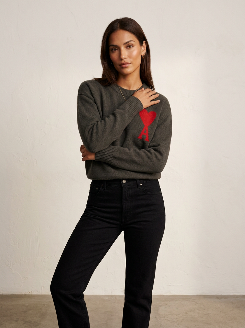 Knit Sweater Women Soft Heart Detail Round Neck Relaxed Fit