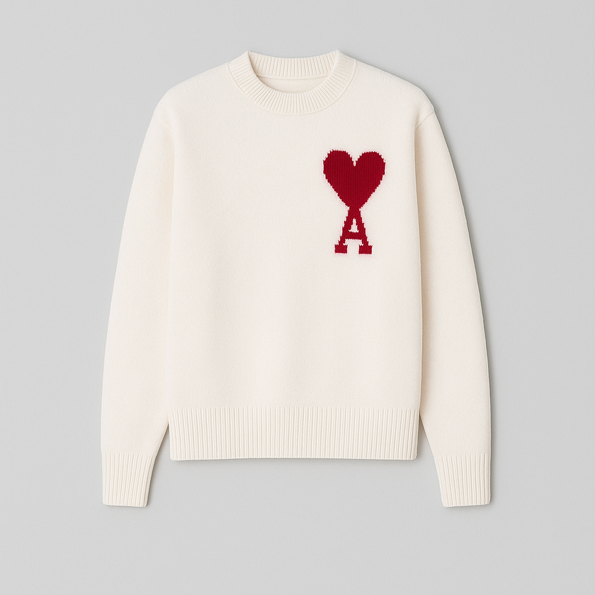 Knit Sweater Women Soft Heart Detail Round Neck Relaxed Fit