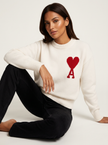 Knit Sweater Women Soft Heart Detail Round Neck Relaxed Fit