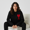 Knit Sweater Women Soft Heart Detail Round Neck Relaxed Fit