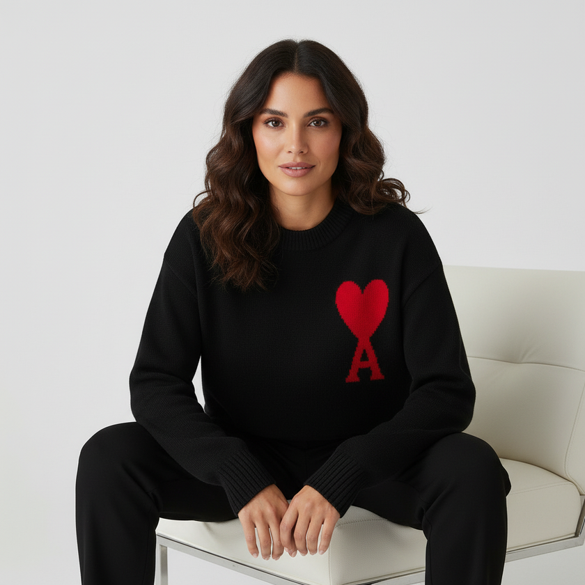 Knit Sweater Women Soft Heart Detail Round Neck Relaxed Fit