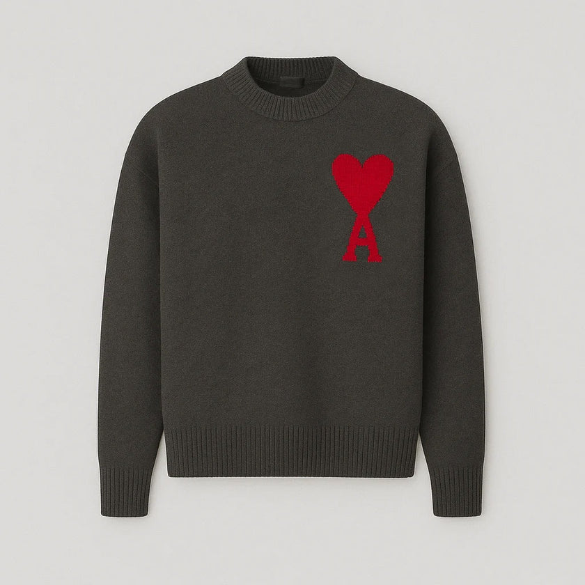 Knit Sweater Women Soft Heart Detail Round Neck Relaxed Fit