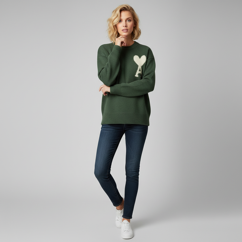 Knit Sweater Women Soft Heart Detail Round Neck Relaxed Fit
