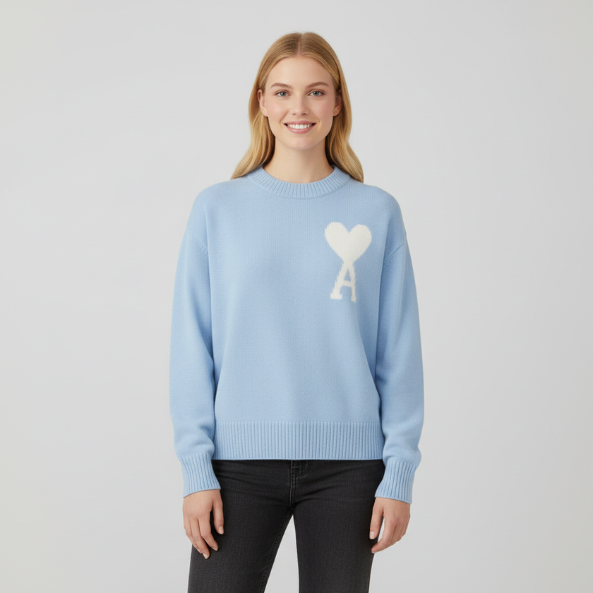 Knit Sweater Women Soft Heart Detail Round Neck Relaxed Fit