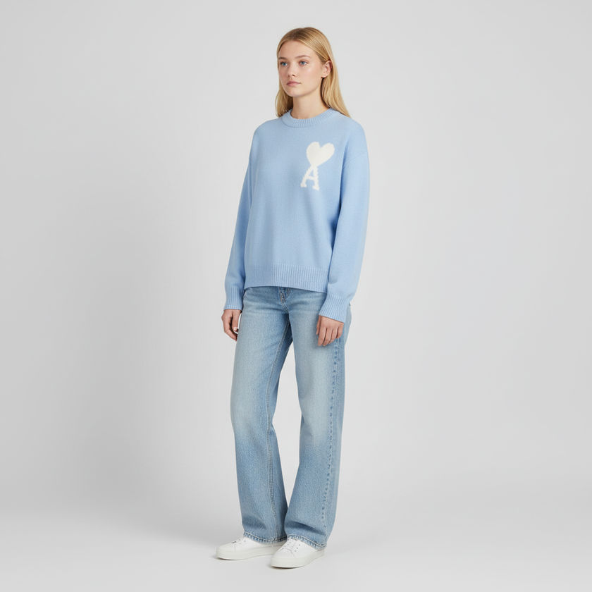 Knit Sweater Women Soft Heart Detail Round Neck Relaxed Fit