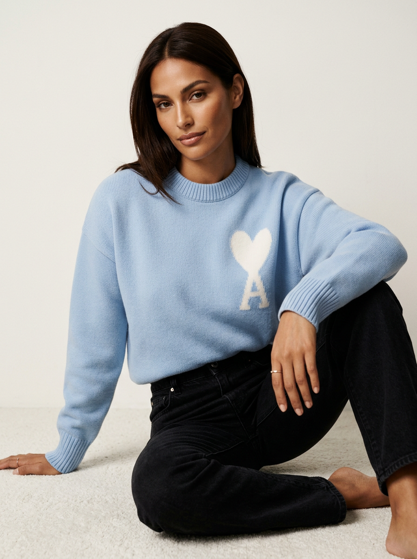 Knit Sweater Women Soft Heart Detail Round Neck Relaxed Fit