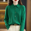 Knit Top Women Collared Button-Front Soft Long Sleeve