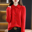 Knit Top Women Collared Button-Front Soft Long Sleeve