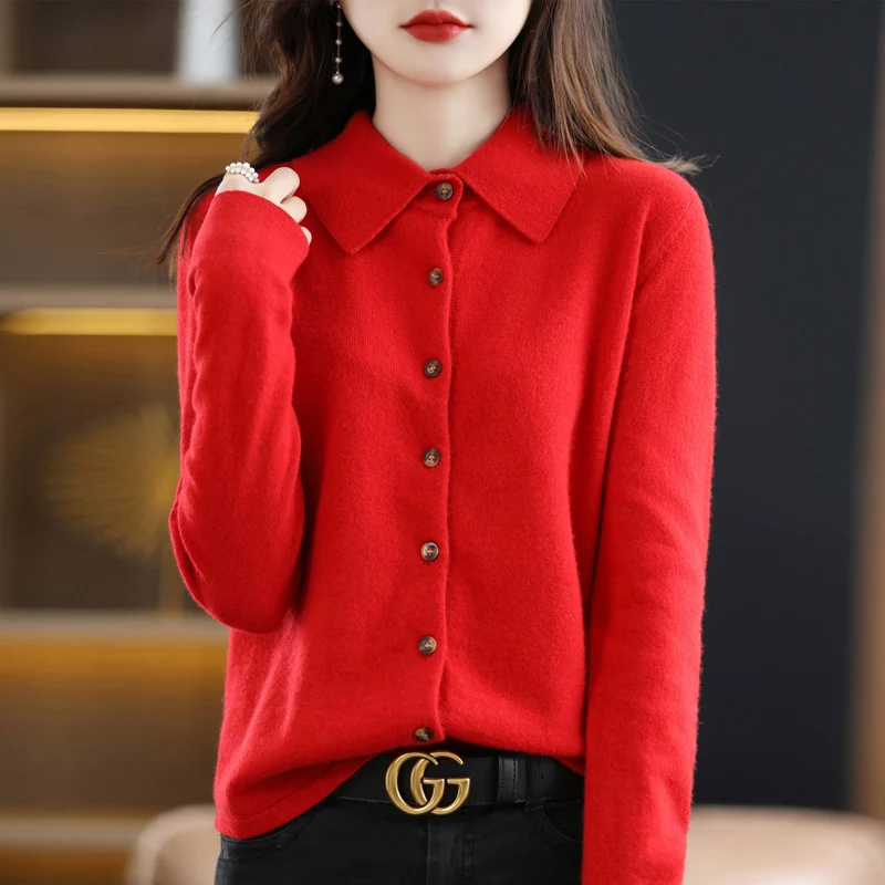 Knit Top Women Collared Button-Front Soft Long Sleeve