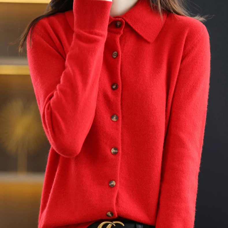 Knit Top Women Collared Button-Front Soft Long Sleeve
