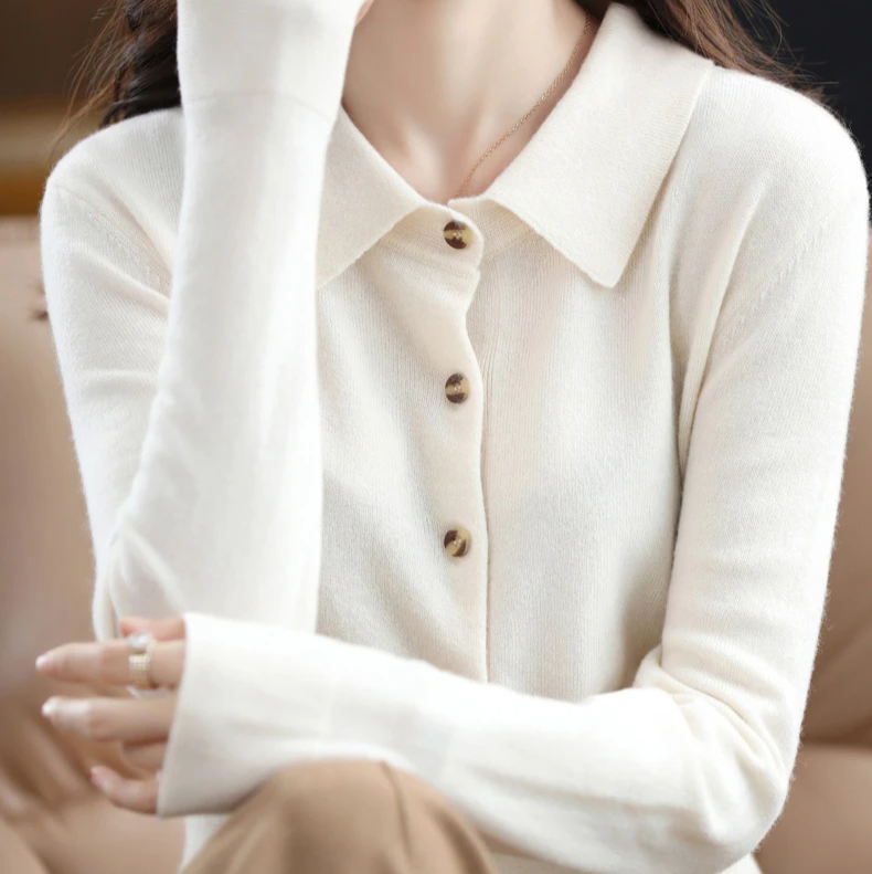 Knit Top Women Collared Button-Front Soft Long Sleeve