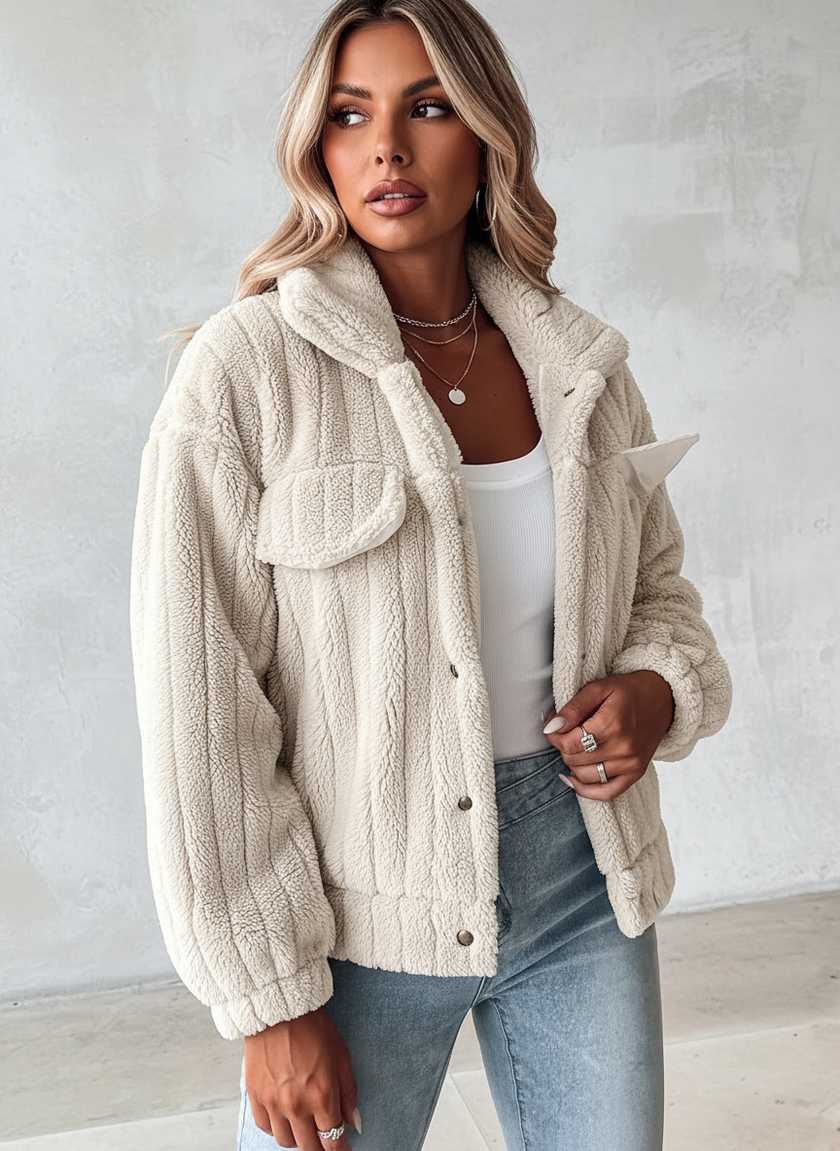 Sherpa Jacket Women Relaxed Fit Ribbed Snap-Button Stand Collar