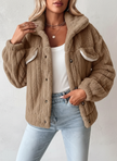 Sherpa Jacket Women Relaxed Fit Ribbed Snap-Button Stand Collar