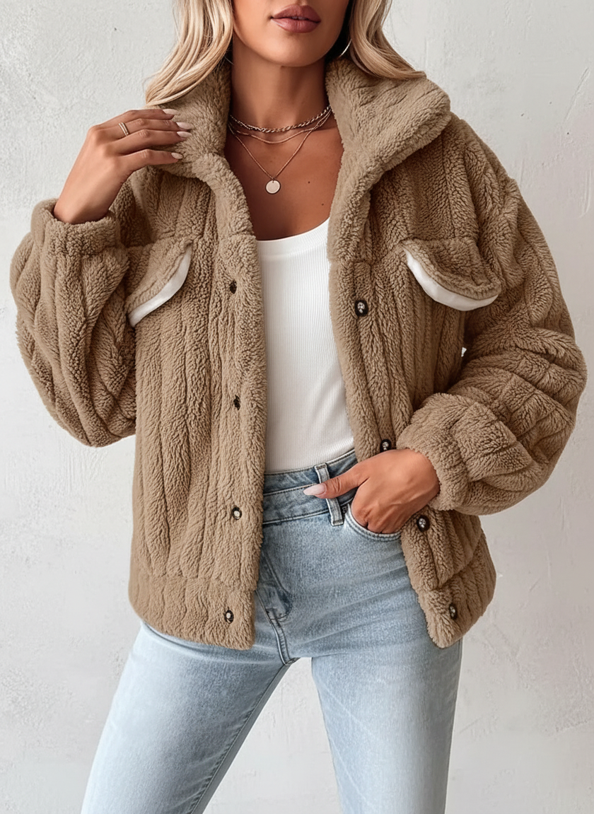 Sherpa Jacket Women Relaxed Fit Ribbed Snap-Button Stand Collar