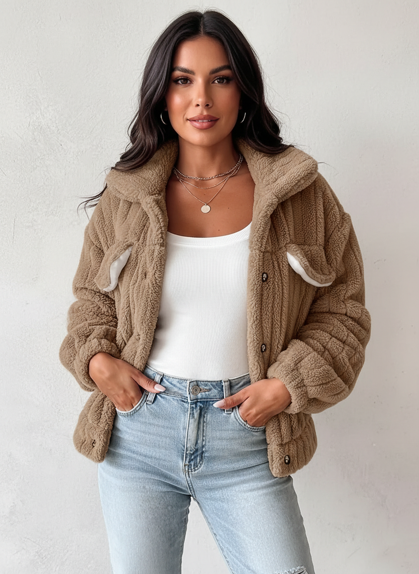 Sherpa Jacket Women Relaxed Fit Ribbed Snap-Button Stand Collar