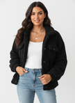 Sherpa Jacket Women Relaxed Fit Ribbed Snap-Button Stand Collar