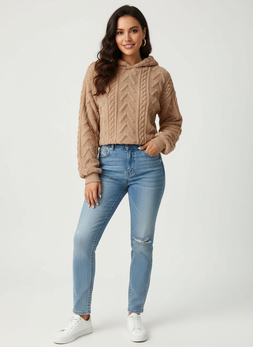 Teddy Hoodie Women Textured Relaxed Fit Drawstring